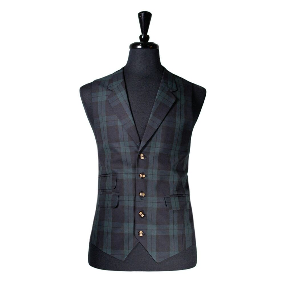 Mens Blue Green Tartan Plaid Vest 46R Wool Blend Waistcoat Formal Wedding Preppy